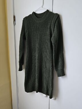 Ribbed Knit Sweater Dress - Dark Olive Green